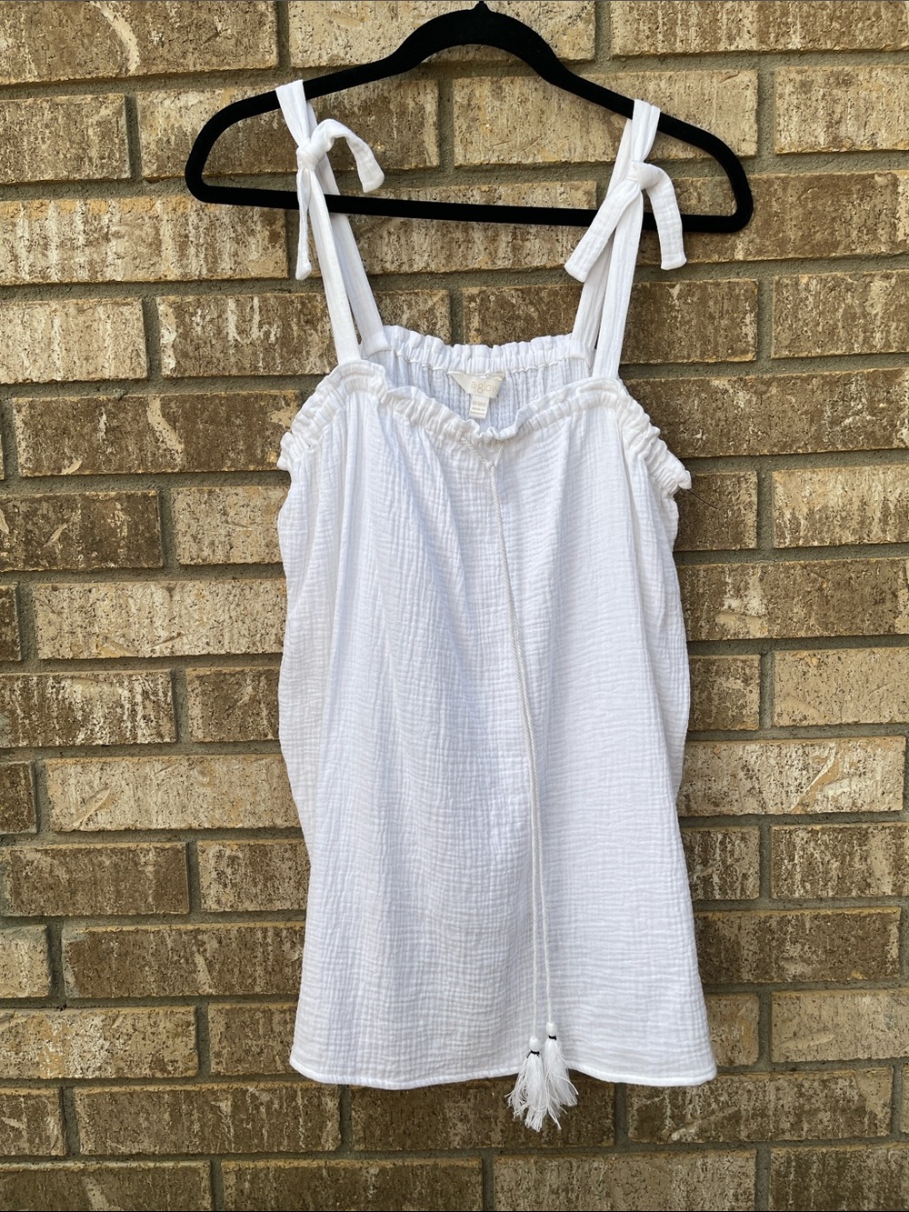 a:glow Maternity White Tie-Strap 100% Cotton Boho Tank with Tassels size M